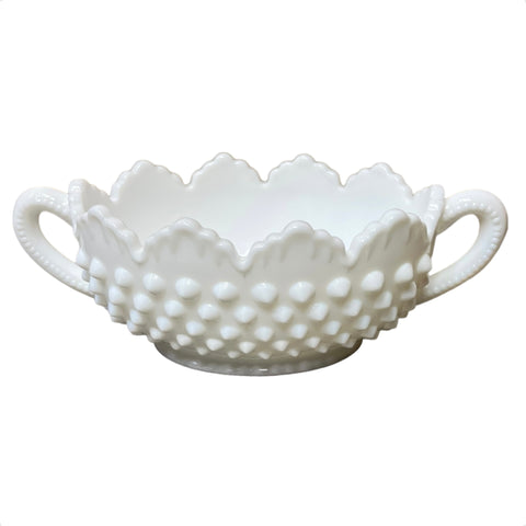 Milk Glass Bowl Vintage Hobnail Double Handle