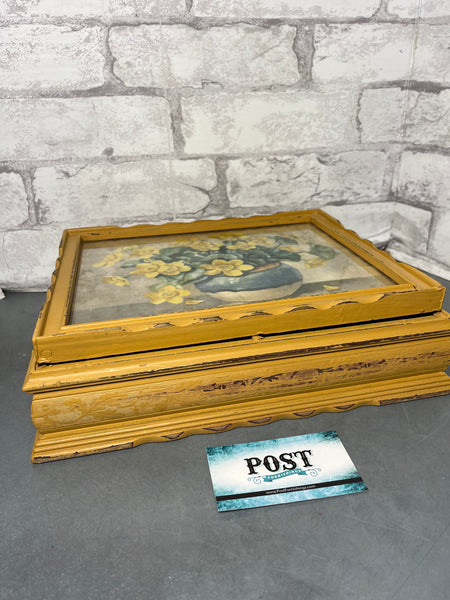 Refurbished Antique Yellow Wooden Floral Jewelry Box