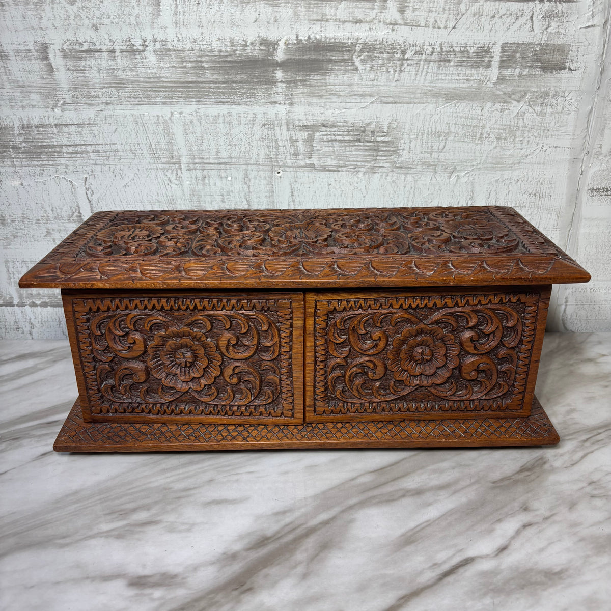 Vintage Carved Wooden Jewelry Chest