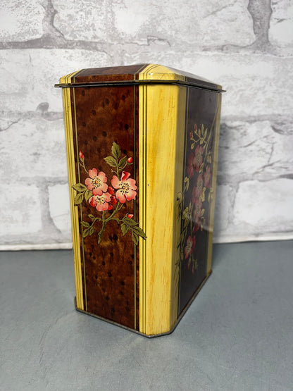 Vintage Tall Floral Pattern Tin W/ Hinge Lid
