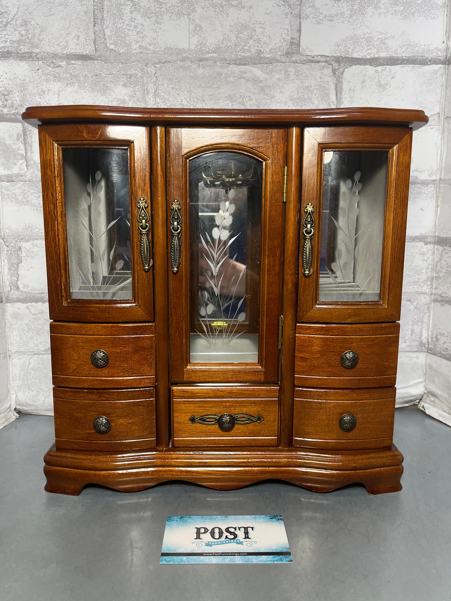 Vintage Wood Jewelry Box Hutch With Glass Doors