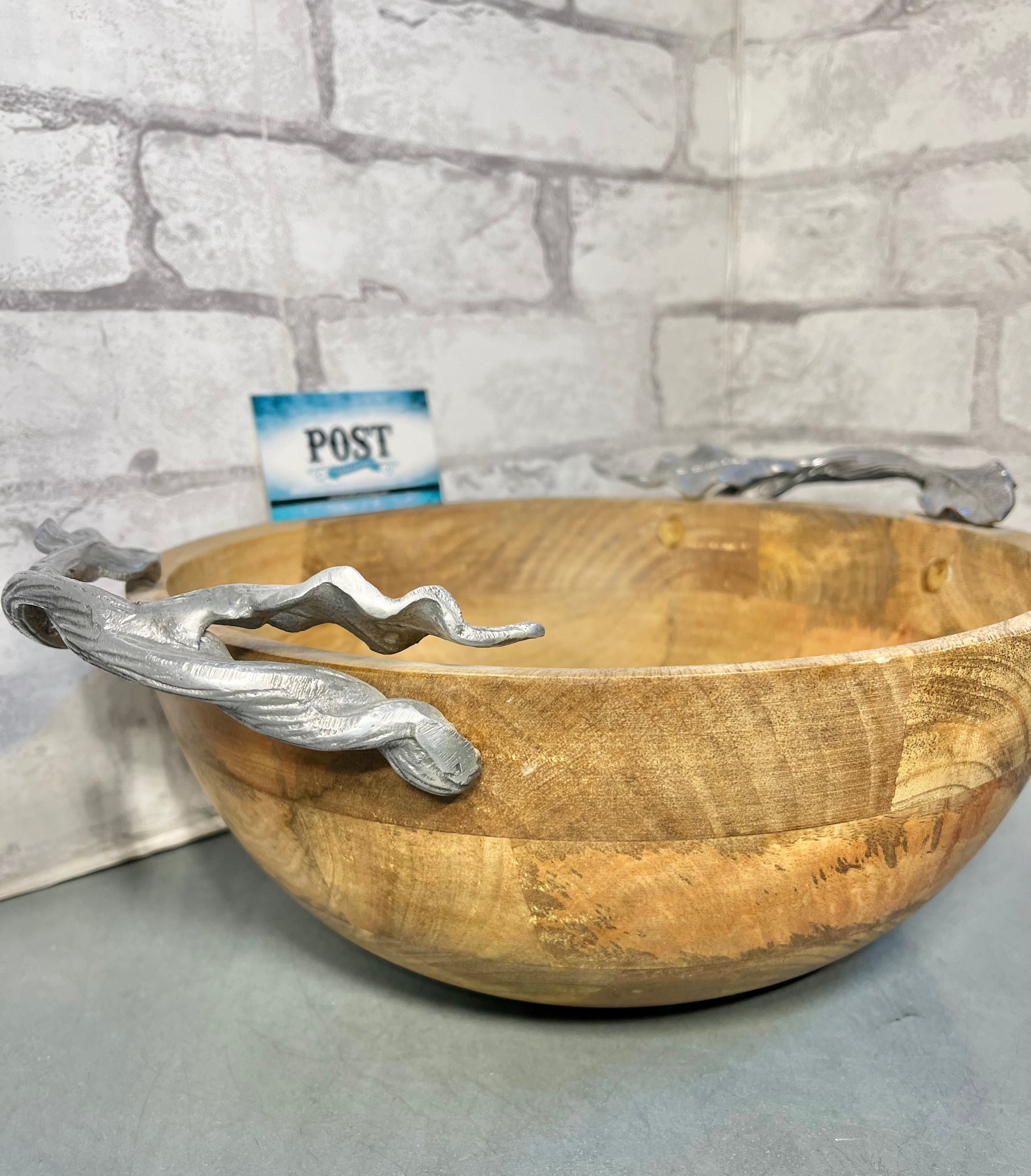 Wood Serving Bowl W/ Silver Leaf Handles