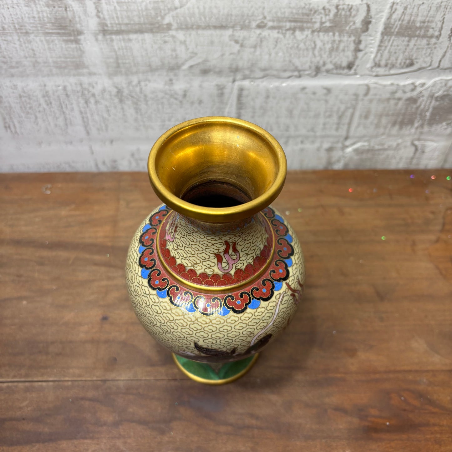 Vintage Cloisonné Asian Dragon Design Brass Vase