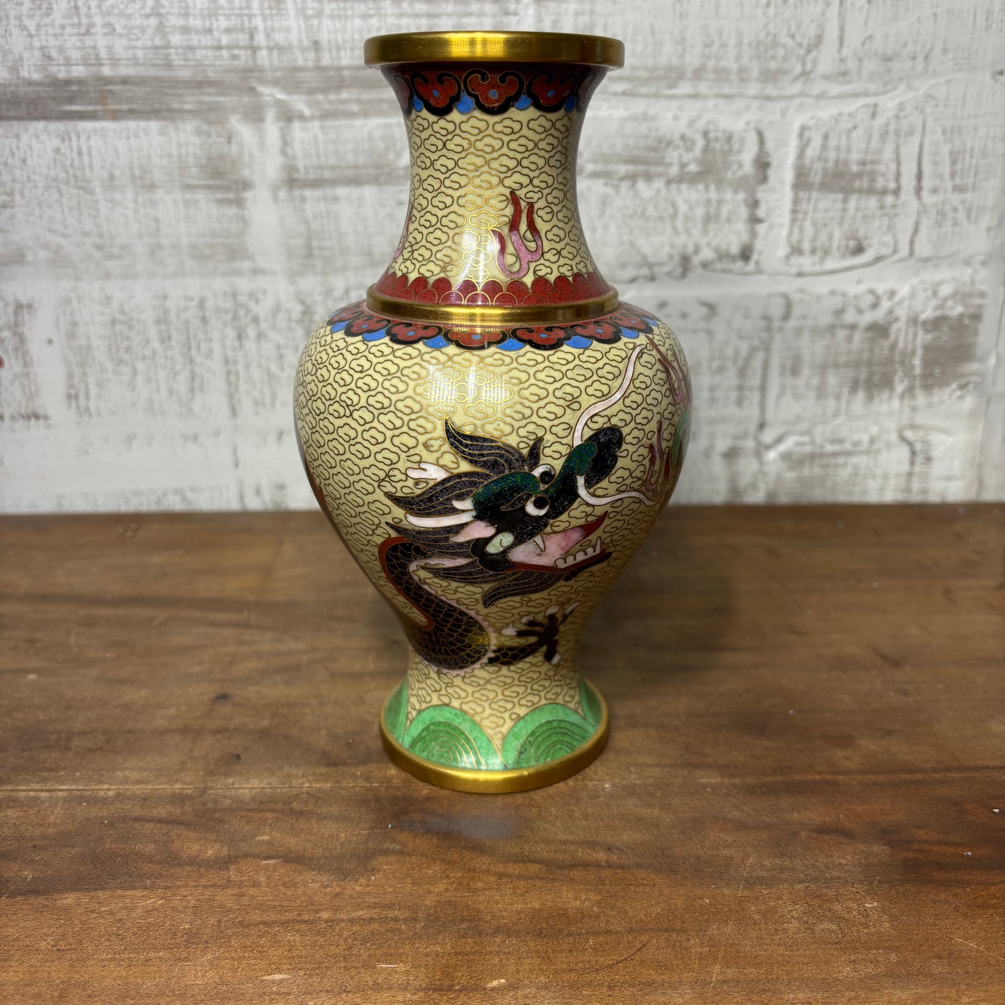 Vintage Cloisonné Asian Dragon Design Brass Vase