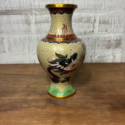 Vintage Cloisonné Asian Dragon Design Brass Vase