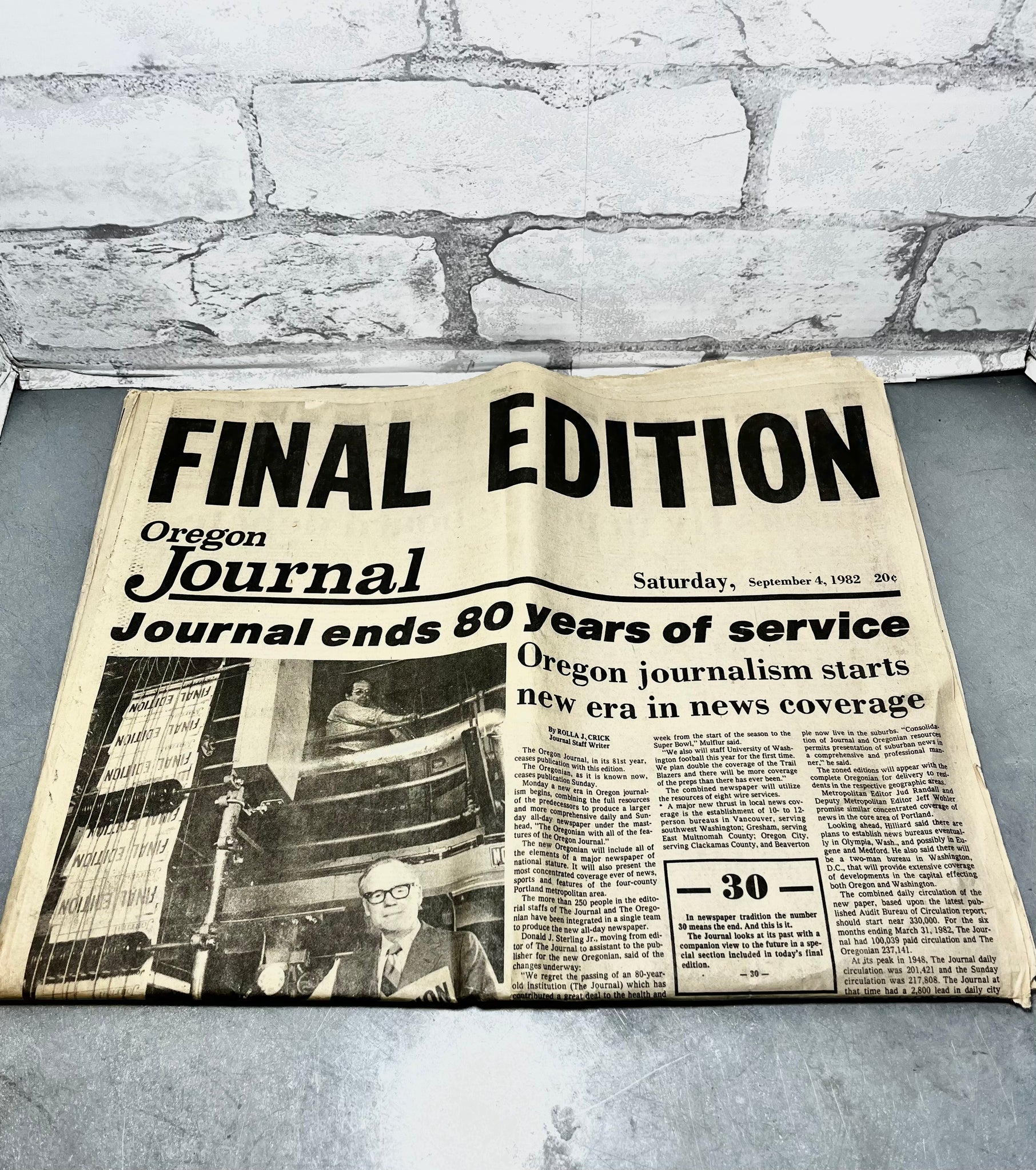 1982 Oregon Journal Newspaper Final Edition