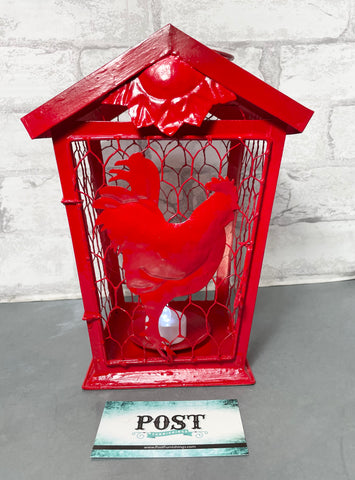 Red Rooster Chicken Wire Lantern