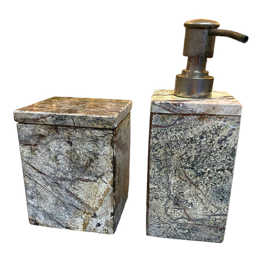 Bidasar Marble Soap Dispenser And Cotton Ball Holder Set