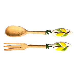 Salad Serving Utensils Wood with Hand Painted Ceramic Handles