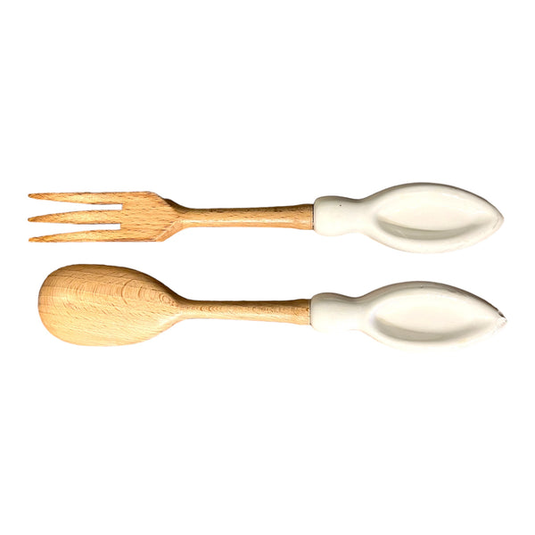 Salad Serving Utensils Wood with Hand Painted Ceramic Handles