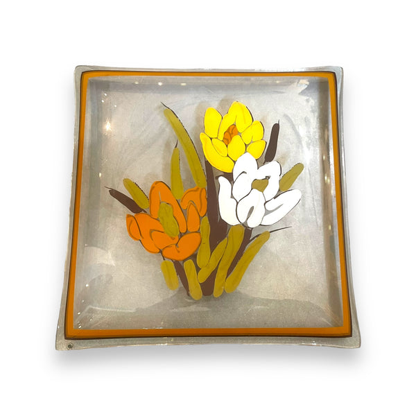 Vintage Mid Century Hand Painted Glass Flower Plate