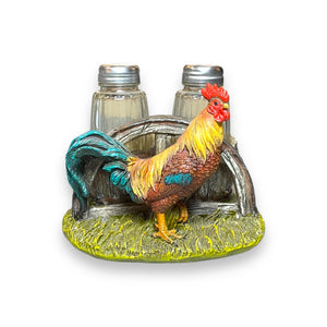 Salt And Pepper Shakers With A Rustic Rooster Holder