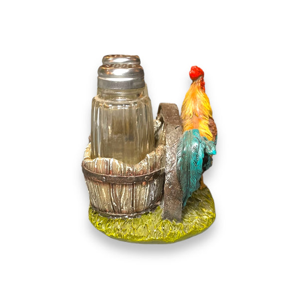 Salt And Pepper Shakers With A Rustic Rooster Holder