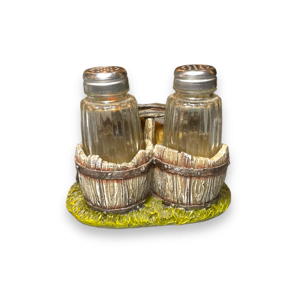 Salt And Pepper Shakers With A Rustic Rooster Holder