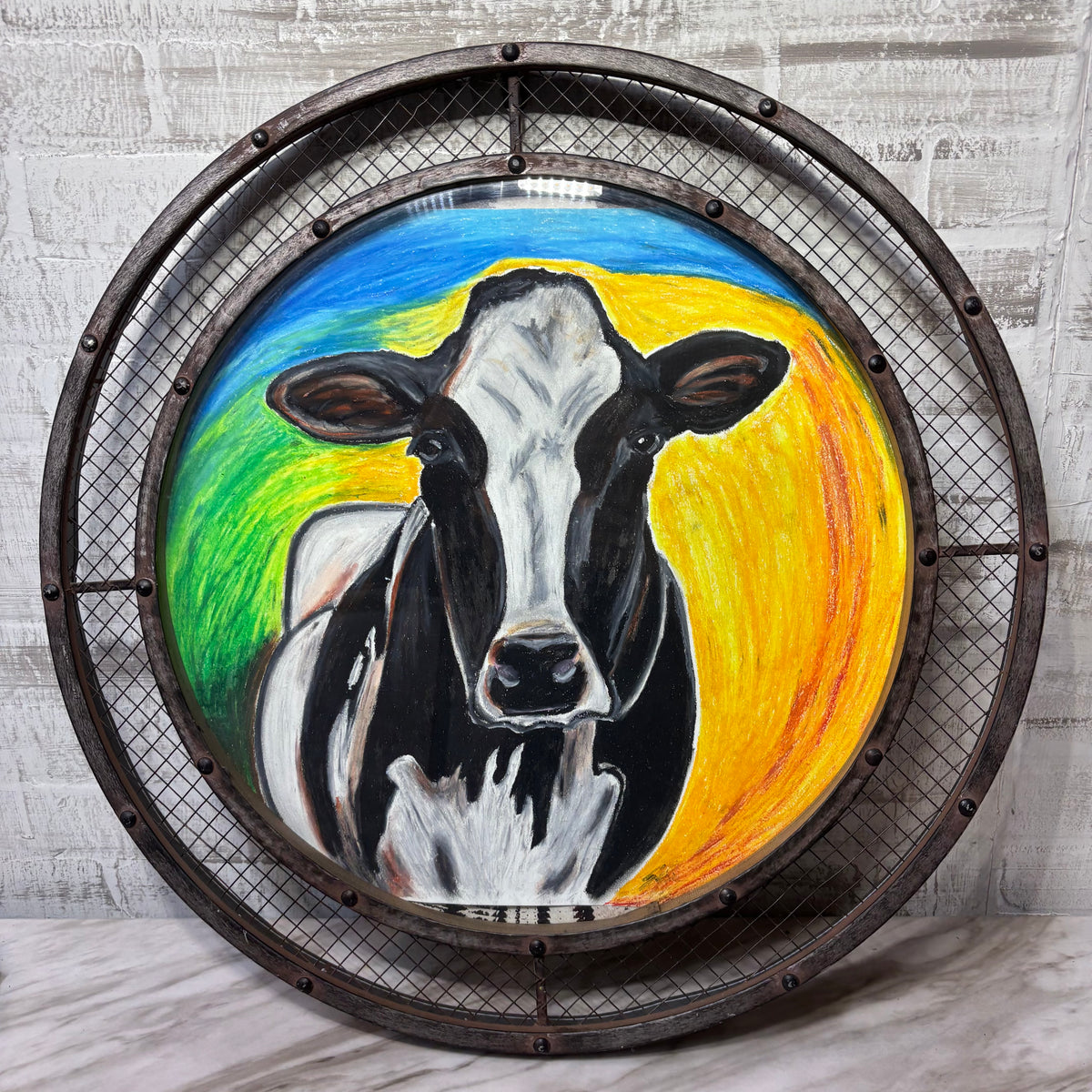 Rustic Farmhouse Cow Oil Pastel Wall Art with Metal Frame