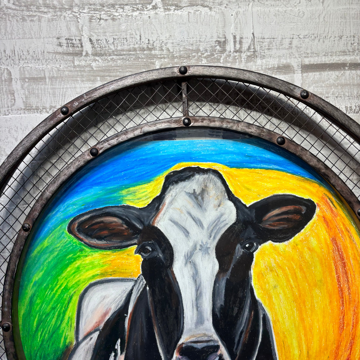 Rustic Farmhouse Cow Oil Pastel Wall Art with Metal Frame
