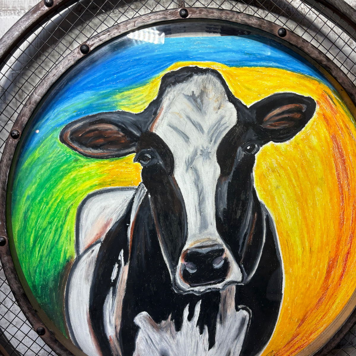 Rustic Farmhouse Cow Oil Pastel Wall Art with Metal Frame