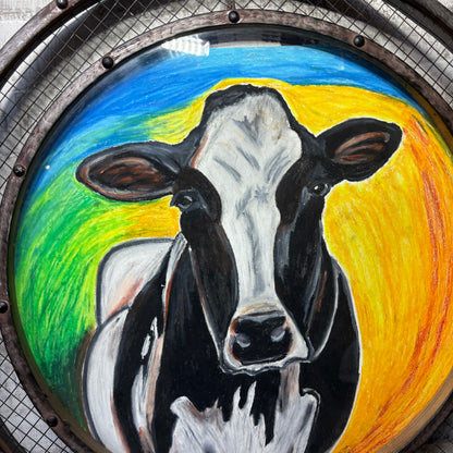 Rustic Farmhouse Cow Oil Pastel Wall Art with Metal Frame