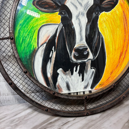 Rustic Farmhouse Cow Oil Pastel Wall Art with Metal Frame