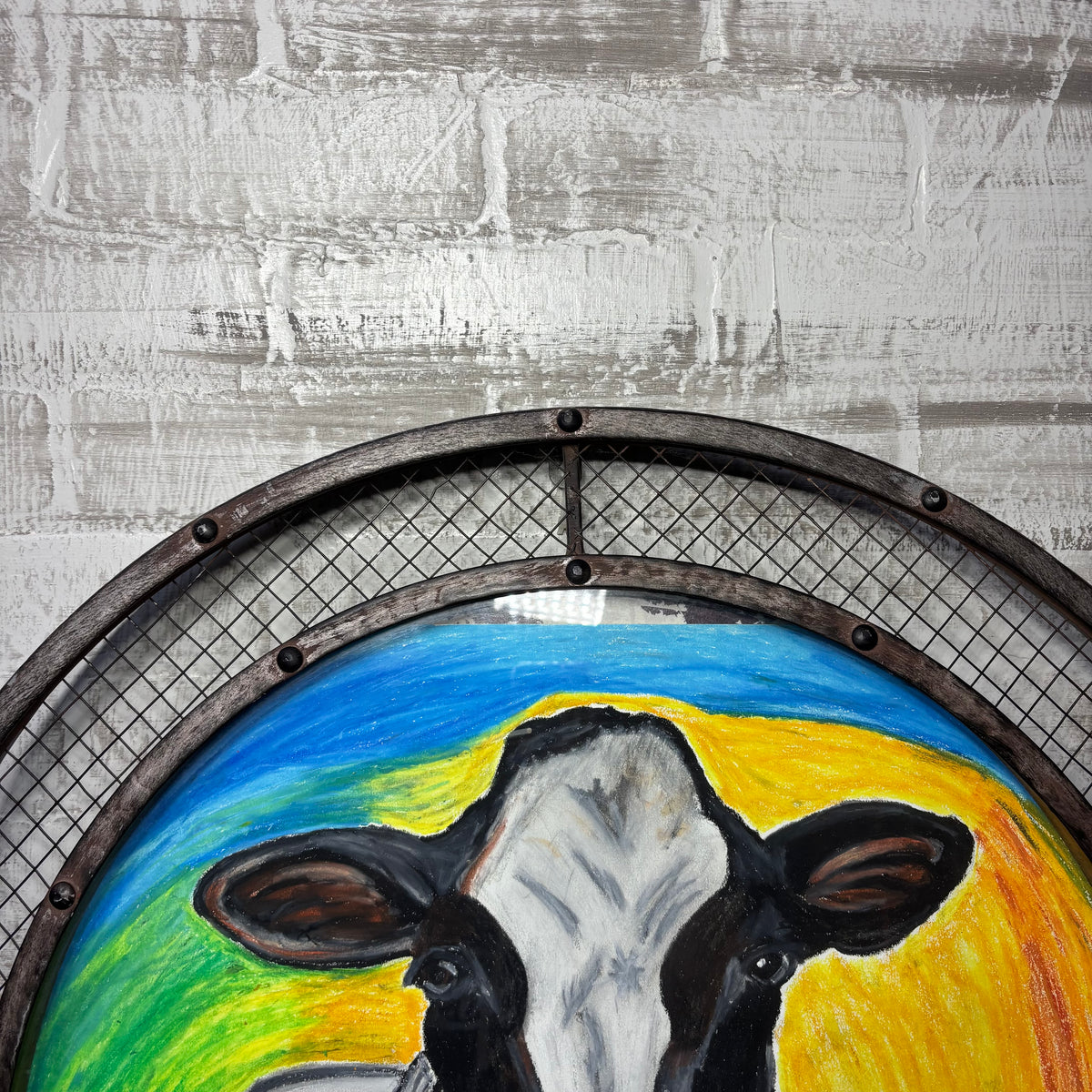 Rustic Farmhouse Cow Oil Pastel Wall Art with Metal Frame