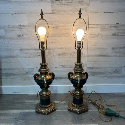 Mid Century Rembrandt Brass and Green Enamel Table Lamp Set
