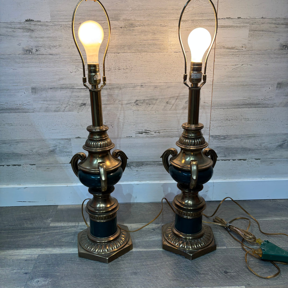 Mid Century Rembrandt Brass and Green Enamel Table Lamp Set