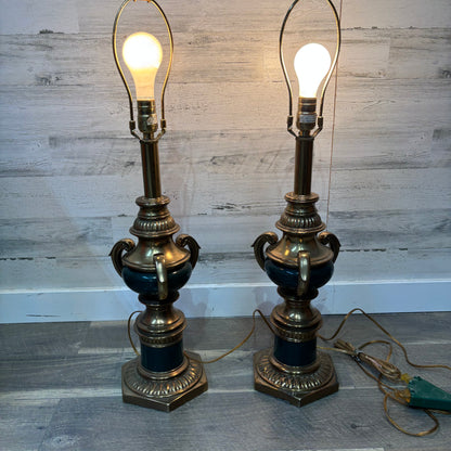 Mid Century Rembrandt Brass and Green Enamel Table Lamp Set