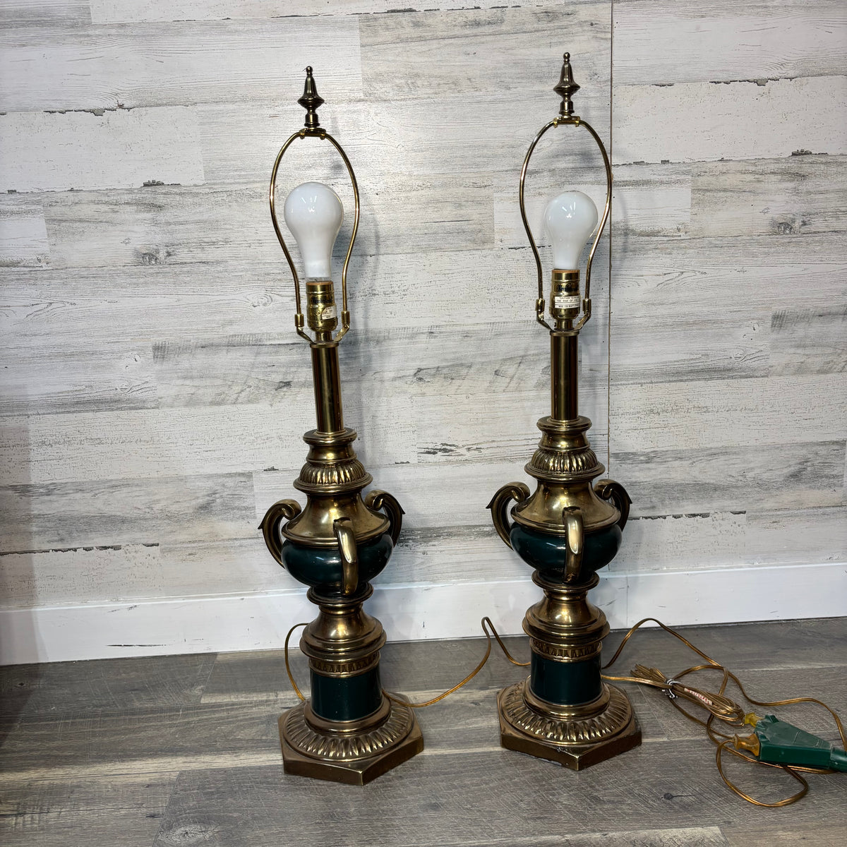 Mid Century Rembrandt Brass and Green Enamel Table Lamp Set