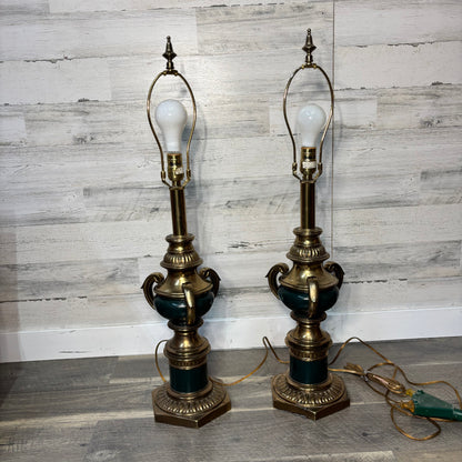 Mid Century Rembrandt Brass and Green Enamel Table Lamp Set