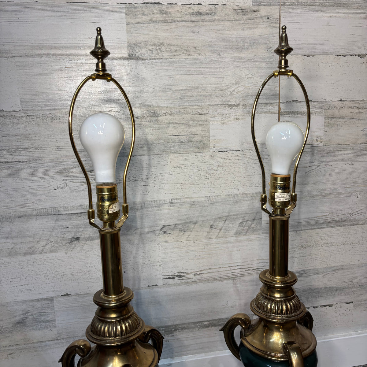 Mid Century Rembrandt Brass and Green Enamel Table Lamp Set