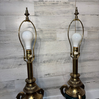 Mid Century Rembrandt Brass and Green Enamel Table Lamp Set