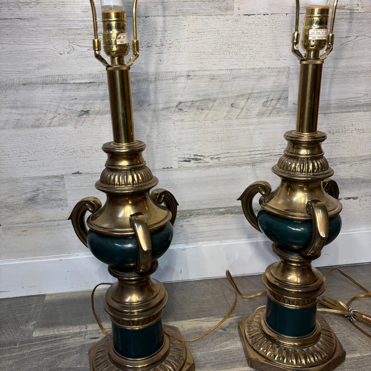 Mid Century Rembrandt Brass and Green Enamel Table Lamp Set