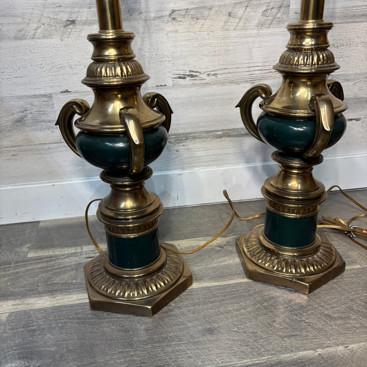 Mid Century Rembrandt Brass and Green Enamel Table Lamp Set