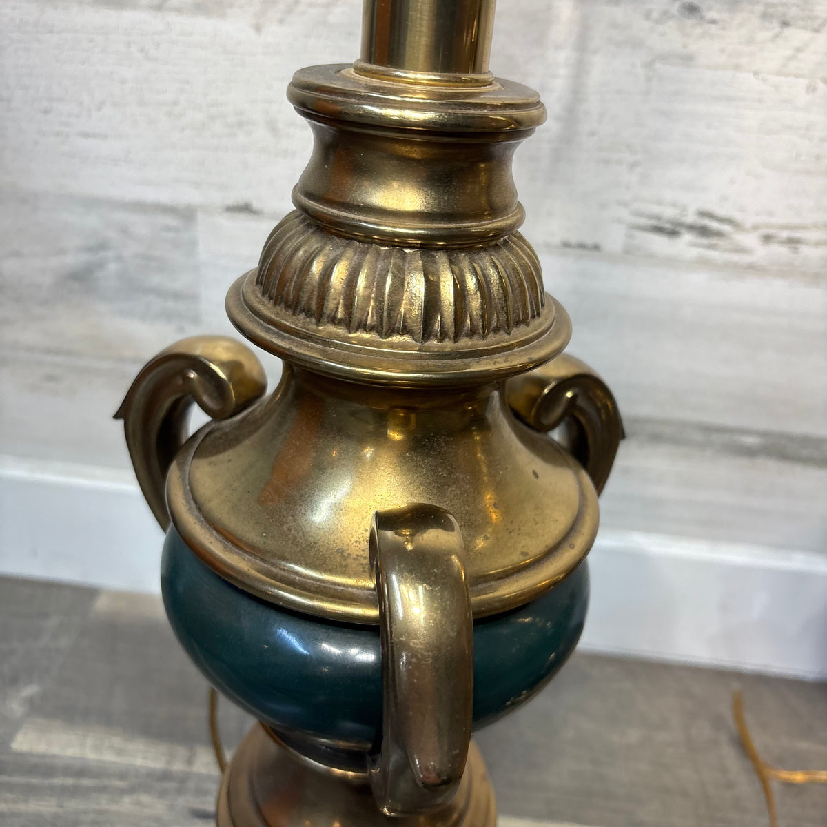 Mid Century Rembrandt Brass and Green Enamel Table Lamp Set