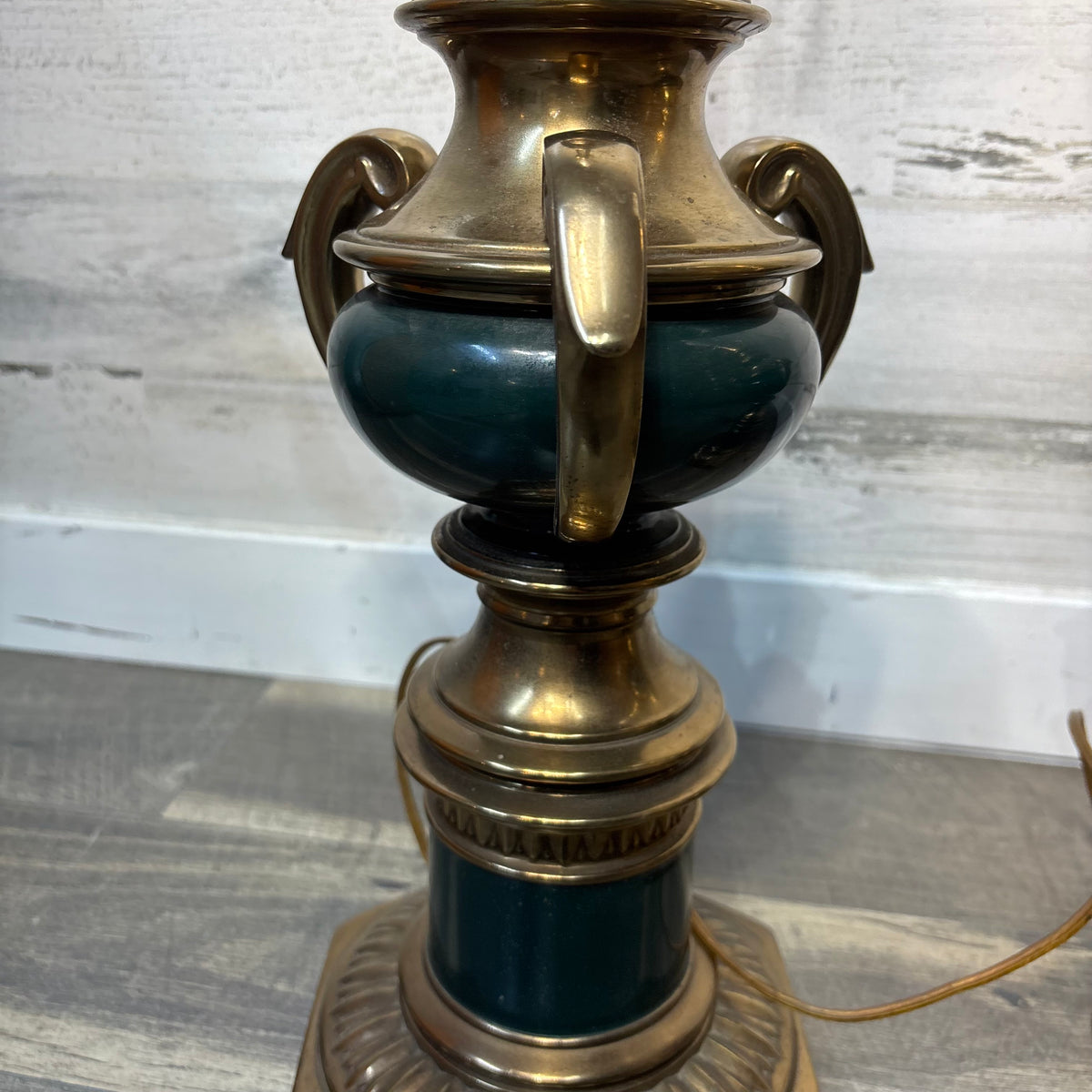 Mid Century Rembrandt Brass and Green Enamel Table Lamp Set