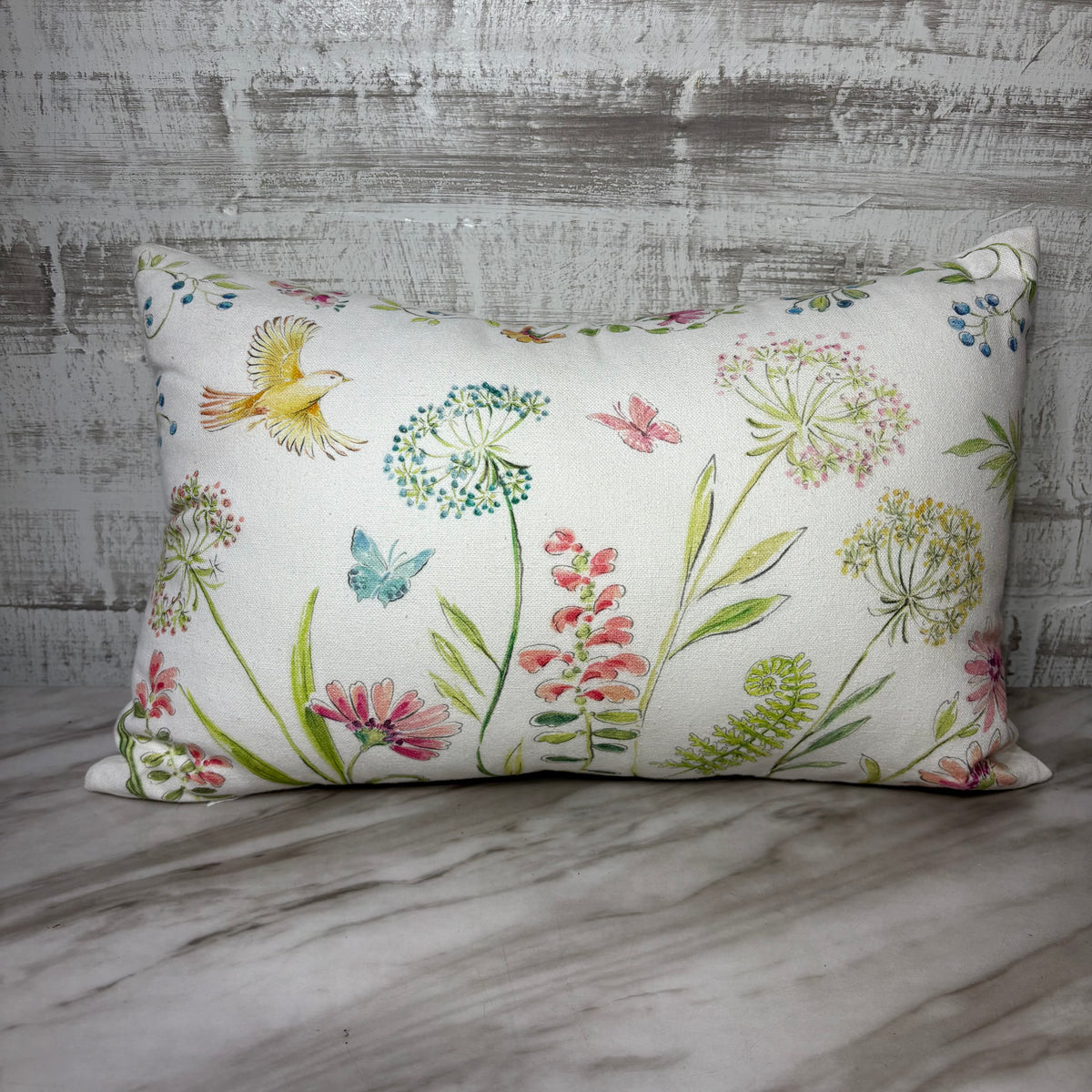 White Floral and Bird Lumbar Pillow with Zipper