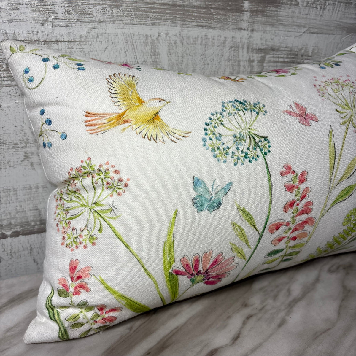 White Floral and Bird Lumbar Pillow with Zipper