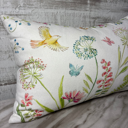 White Floral and Bird Lumbar Pillow with Zipper