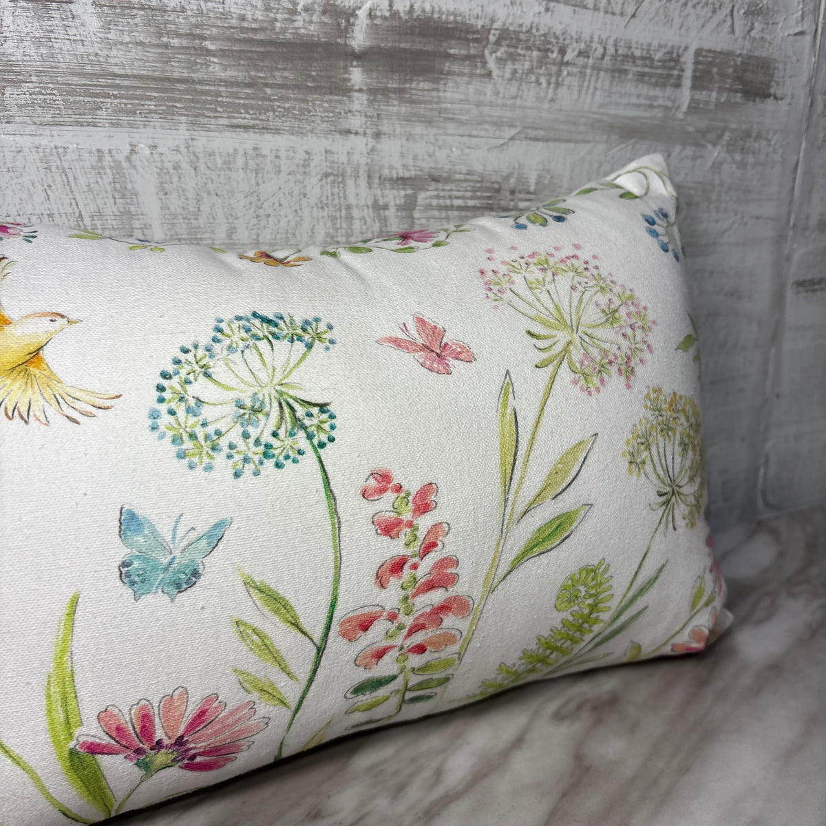 White Floral and Bird Lumbar Pillow with Zipper
