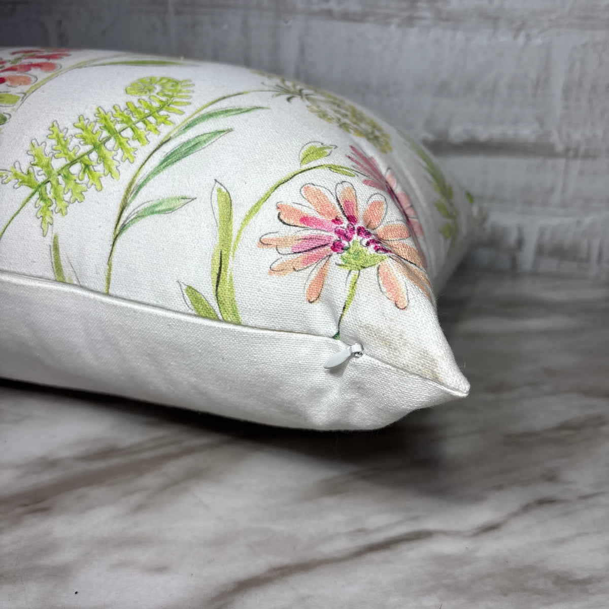 White Floral and Bird Lumbar Pillow with Zipper