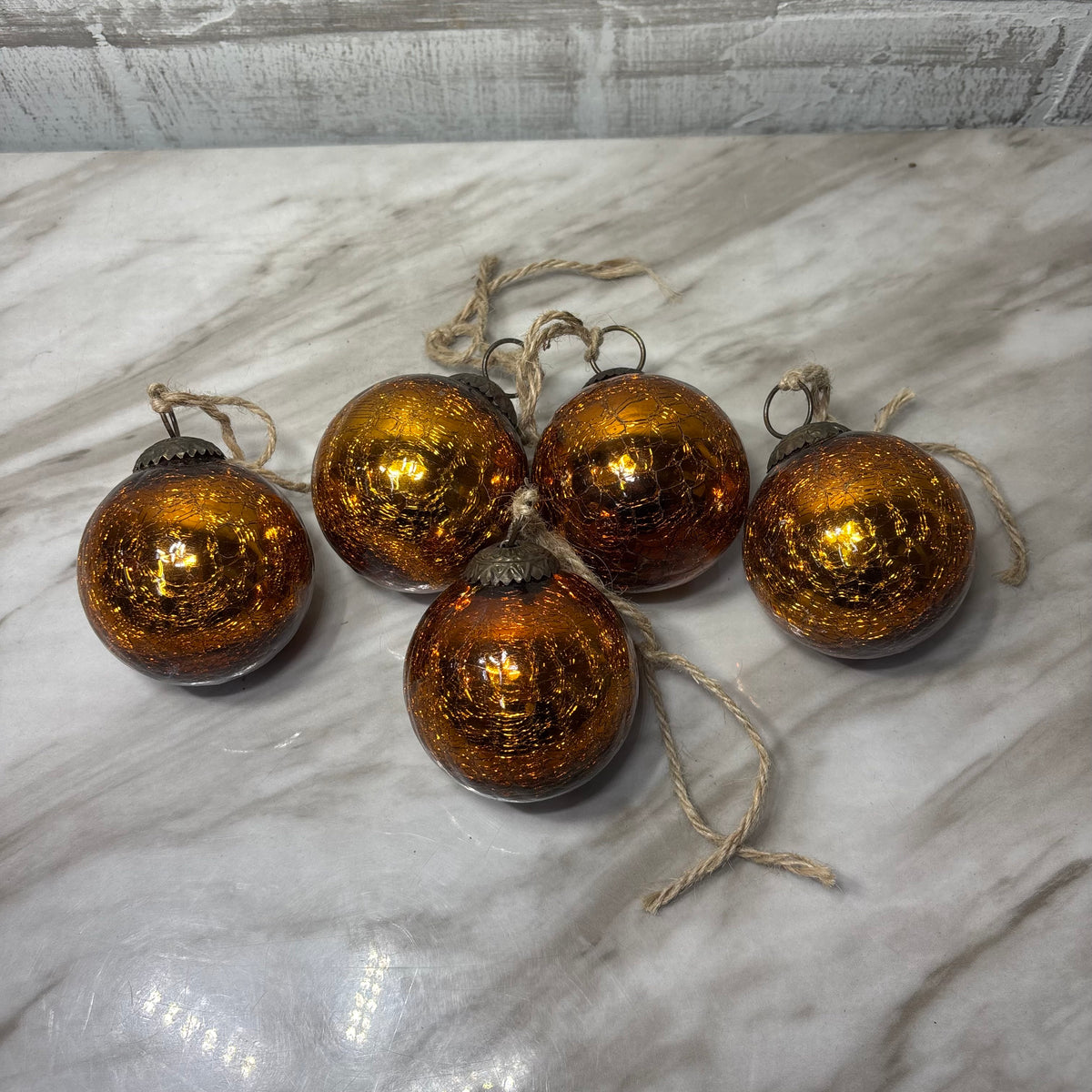 Vintage Copper Color Crackle Glass Ornaments Set of 5