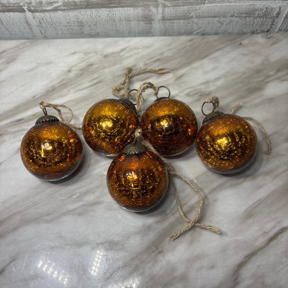 Vintage Copper Color Crackle Glass Ornaments Set of 5