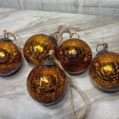 Vintage Copper Color Crackle Glass Ornaments Set of 5