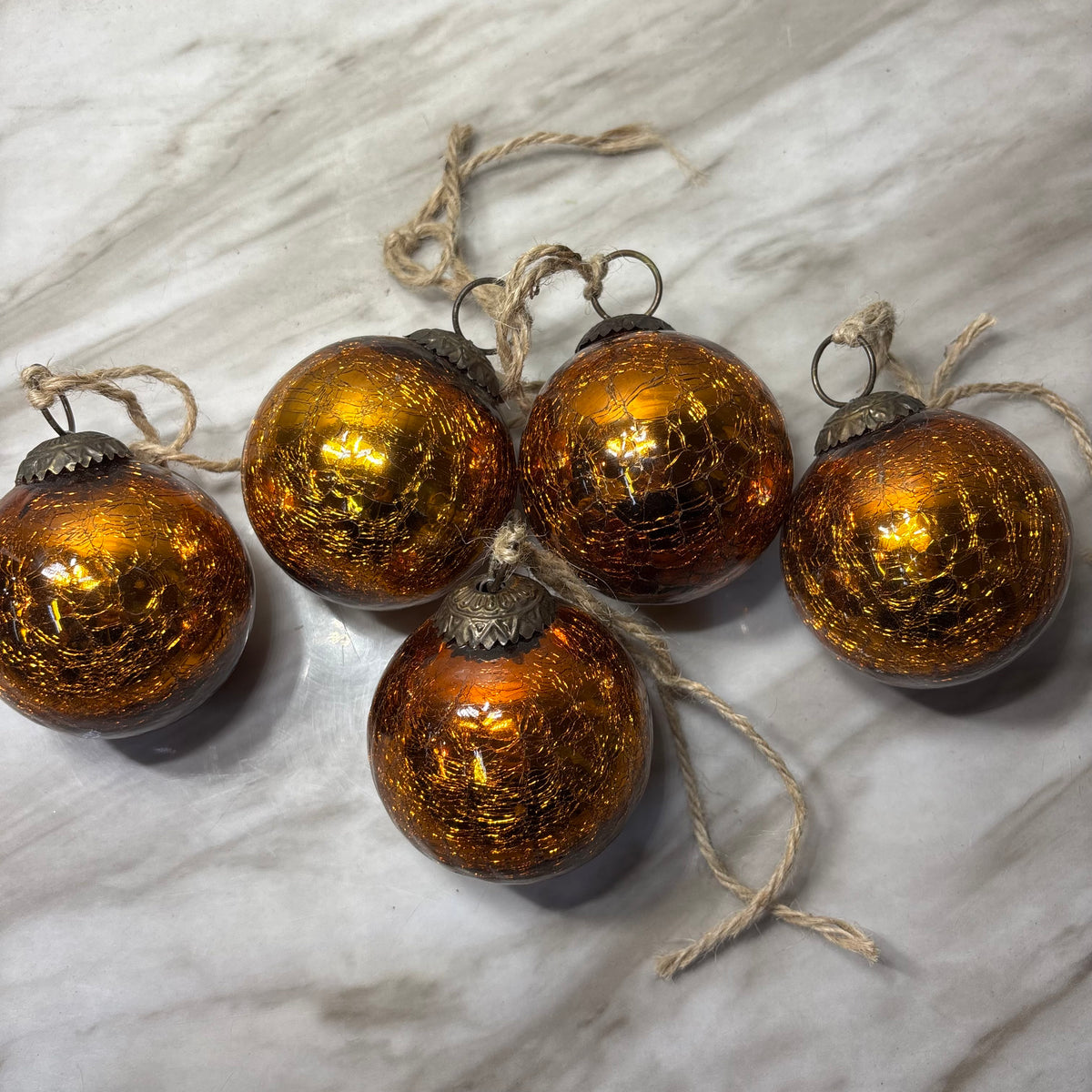 Vintage Copper Color Crackle Glass Ornaments Set of 5