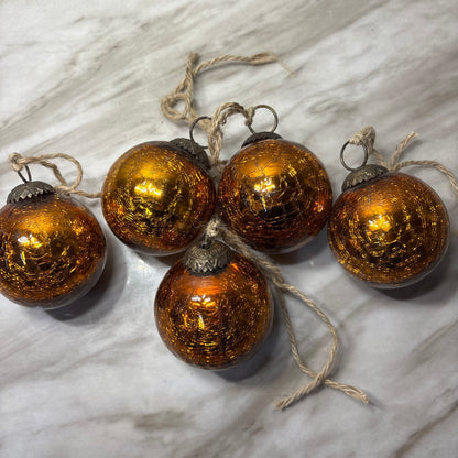 Vintage Copper Color Crackle Glass Ornaments Set of 5