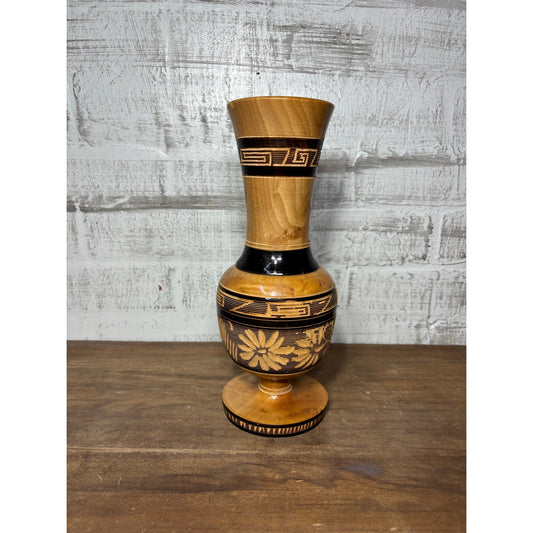 Carved Etched Floral Wooden Vase