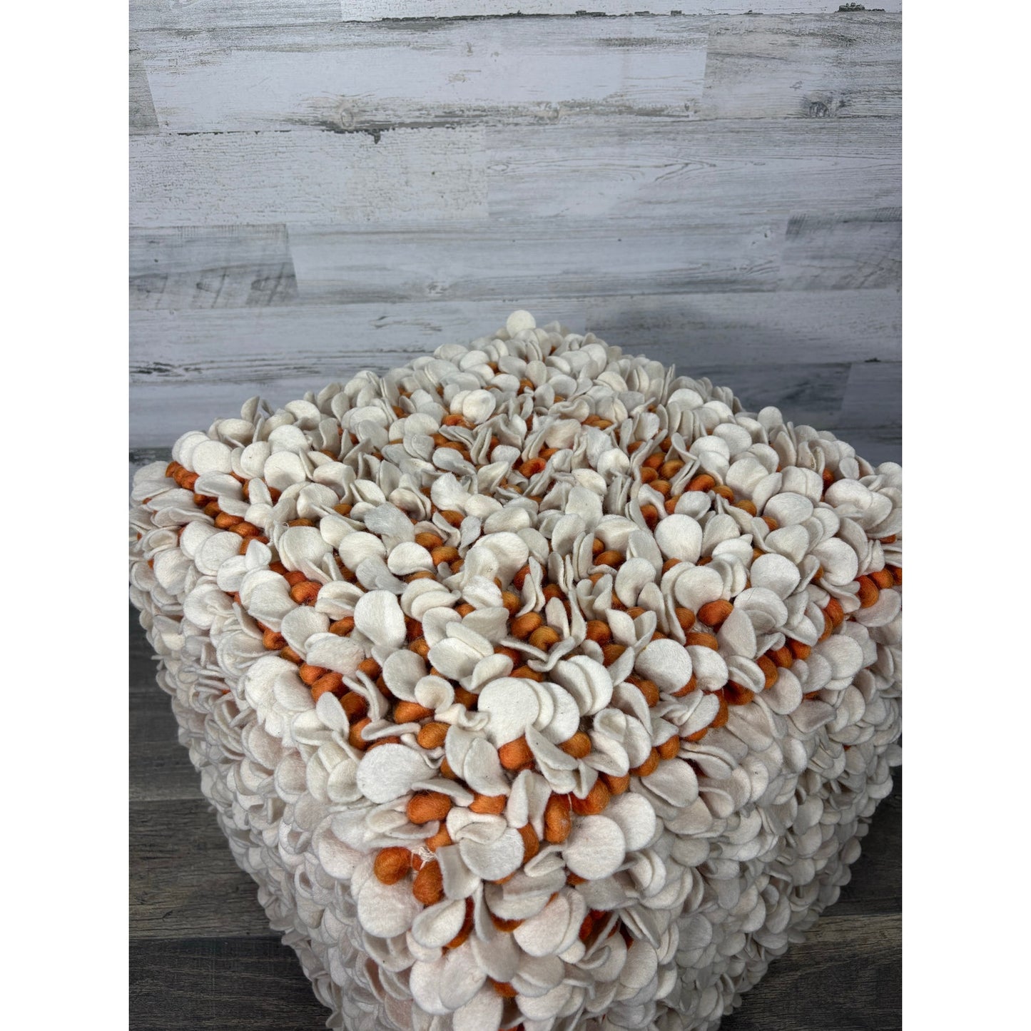 Modern Wool Pouf White & Orange