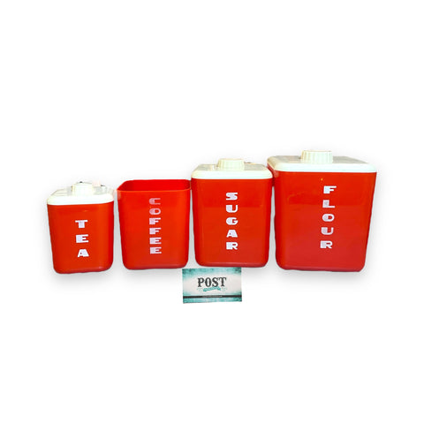 Rare Set Of 4 MCM Red And White Lustro Ware Canisters
