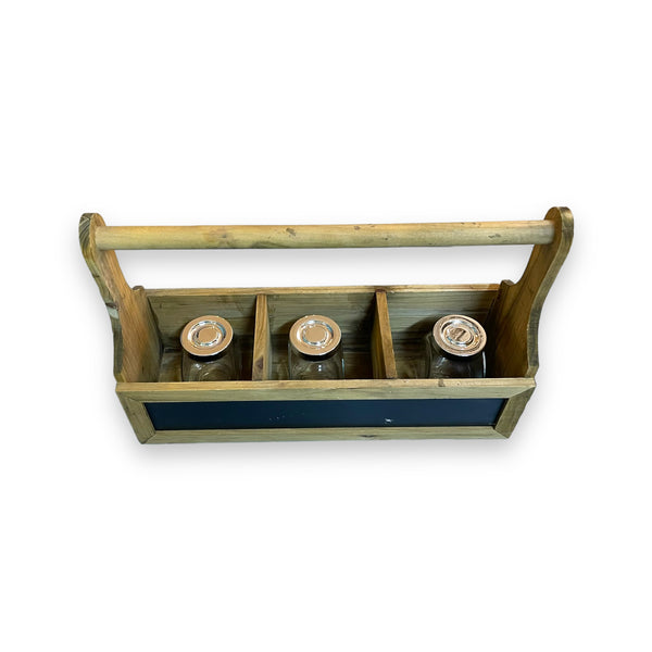 Wooden Organizer With A Chalkboard And 3 Jars