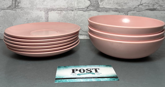 Pink Mid Century Set Of 3 Bowls And 6 Plates
